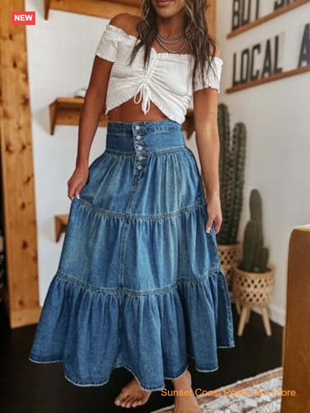 High Rise Button-Fly Tiered Ruffle A-Line Denim Maxi Skirt with Pockets - Picture 6 of 7